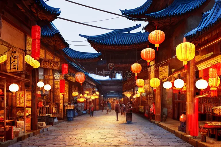 Prompt: Miniature of a rustic chinese street with shops, glowing lamps, 3D render