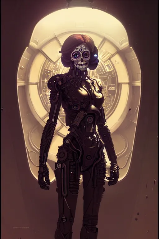 Prompt: ultra detailed Female Android, scifi, manga, octane render, (dia de los muertos), asymmetrical, intricate concept art, art by Godmachine and michael welan and DZO and greg rutkowski and alphonse mucha and loish and WLOP