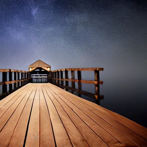 Prompt: a wooden pier in space