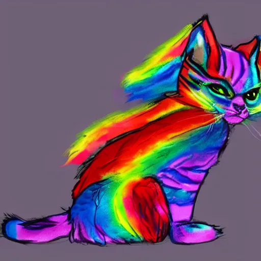 Image similar to wide angle full body, jacket wearing fluffy cute rainbow kitten wearing a black leather motorcycle jacket, concept art