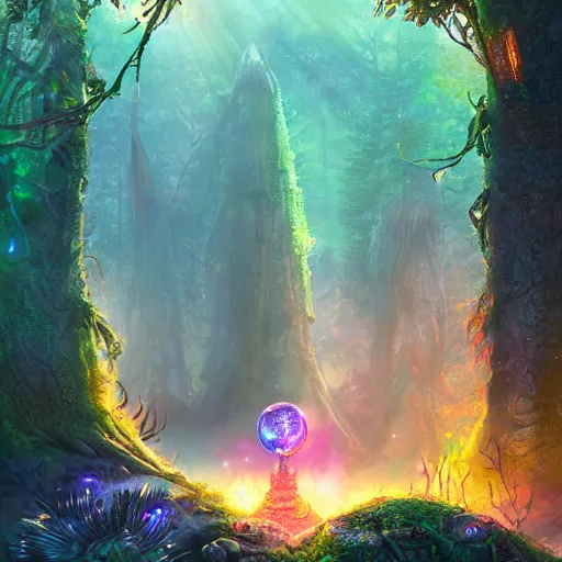 Image similar to Alien temple in a forest, light rays, colorful, fantasy sparkling magic fires, particles, exploration, incredible detail, professional composition, digital art, 4K