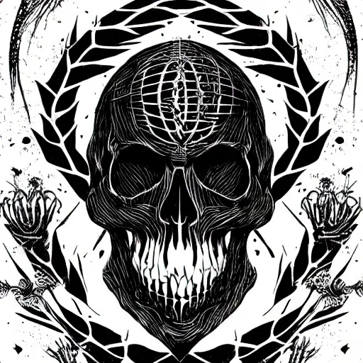 Image similar to dark death metal themed vector illustration for a record label, trees. forest, spikes, skull, microphone, skull, award winning, grunge, iconic, golden ratio