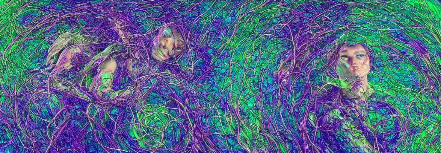 Image similar to a person trapped in the fetal position inside of extremely thick iridescent vines intertwined, central circular composition, high saturation, epic lighting, in the style of Peter gric and Amanda Sage 8k