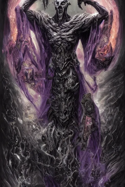 Prompt: portrait of hulking herculean ainz ooal gown undead lich, from overlord, warlock purple robes, magical electricity, upper body, fantasy, intricate, elegant, highly detailed, digital painting, artstation, concept art, sharp focus, illustration, art by luis royo, wayne barlowe, kirsi salonen, asya yoranova and alan lee