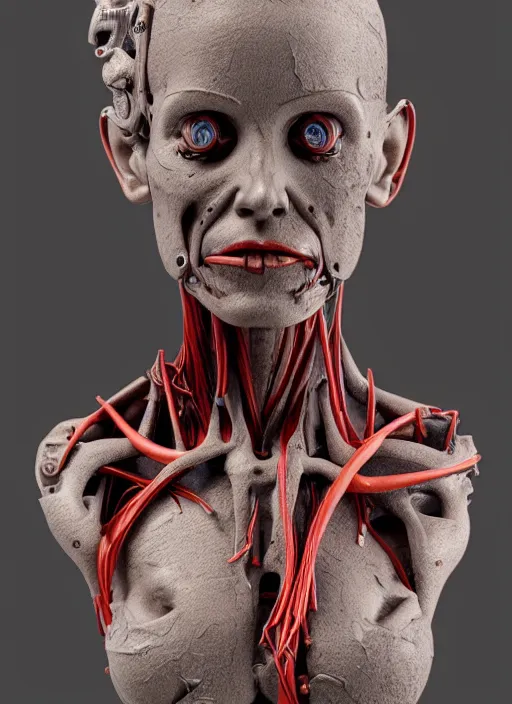Prompt: a bust sculpture of anatomical female detailed cyborg, veins, become human, ceramic base, orthographic, studio lighting