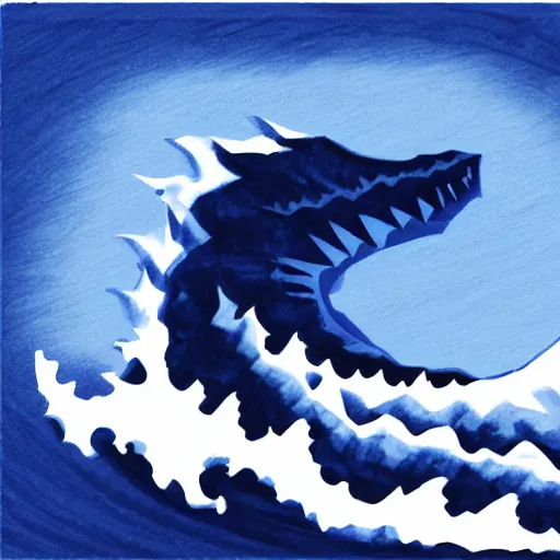 Image similar to a blue water wave in the silhouette shape of Godzilla, cartoon drawing