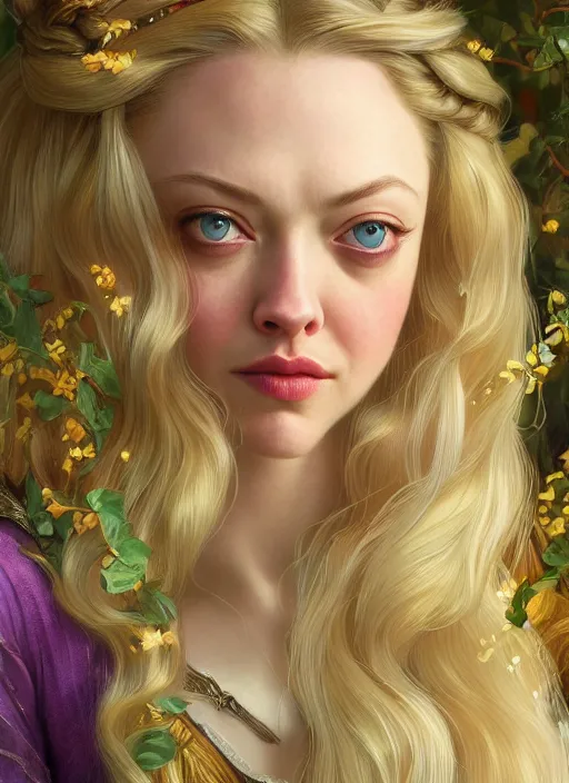 Image similar to beautiful young amanda seyfried as the rapunzel princess, closeup, d & d, fantasy, intricate, elegant, highly detailed, digital painting, artstation, concept art, matte, sharp focus, illustration, art by artgerm and greg rutkowski and alphonse mucha