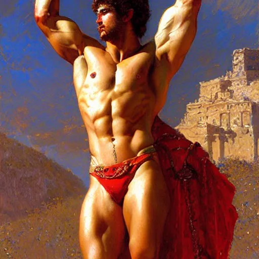 Image similar to Young greek god, muscular, greek armor, detailed face, thighs, painting by Gaston Bussiere, Craig Mullins