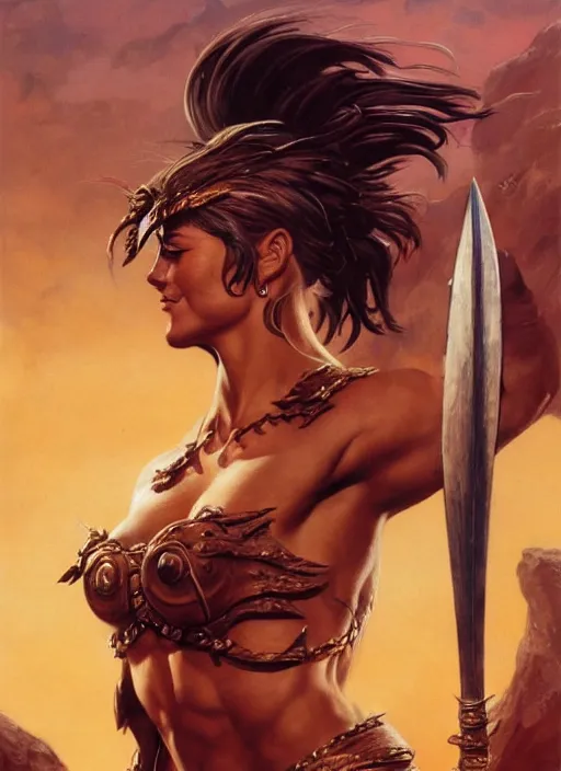 Prompt: a stunning medium shot portrait of julianne hough as a barbarian warrior, digital art by frank frazetta and boris vallejo and julie bell and moebius, highly detailed, trending on artstation, hq