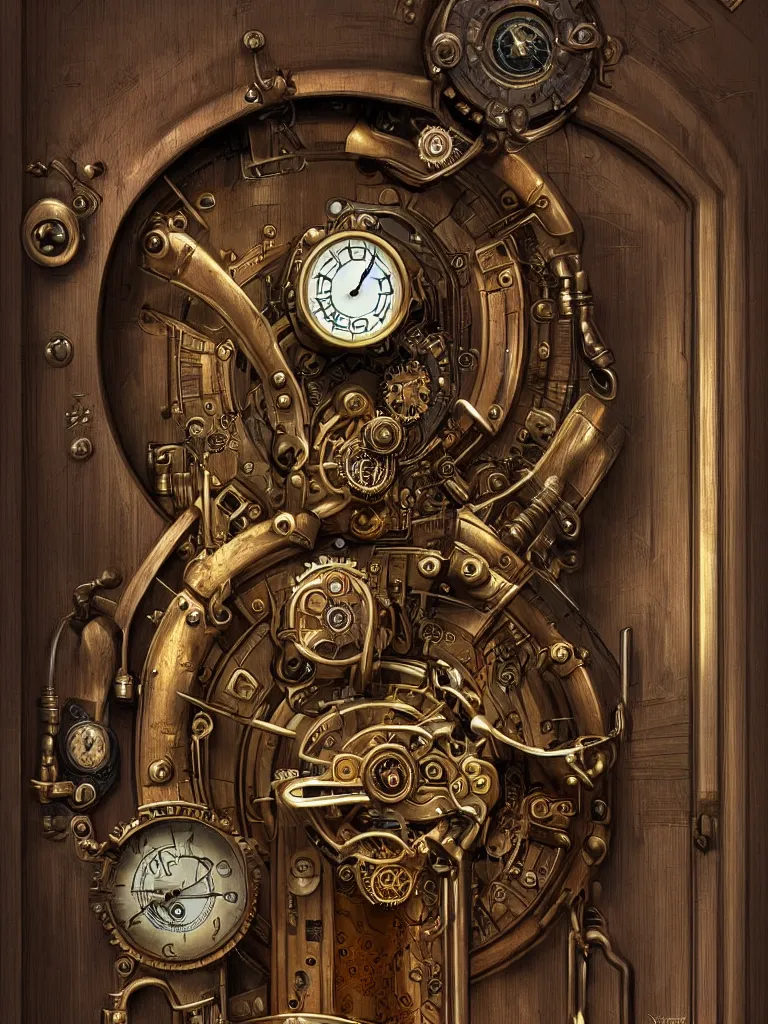 Image similar to HD digital art detailed steampunk door with mechanical clocks by James Gurney, cgsociety, artstation