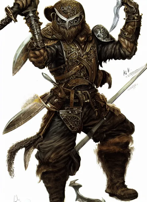 Image similar to strong young man, photorealistic bugbear ranger holding aflaming sword, black beard, dungeons and dragons, pathfinder, roleplaying game art, hunters gear, jeweled ornate leather and steel armour, concept art, character design on white background, by alan lee, norman rockwell, makoto shinkai, kim jung giu, poster art, game art