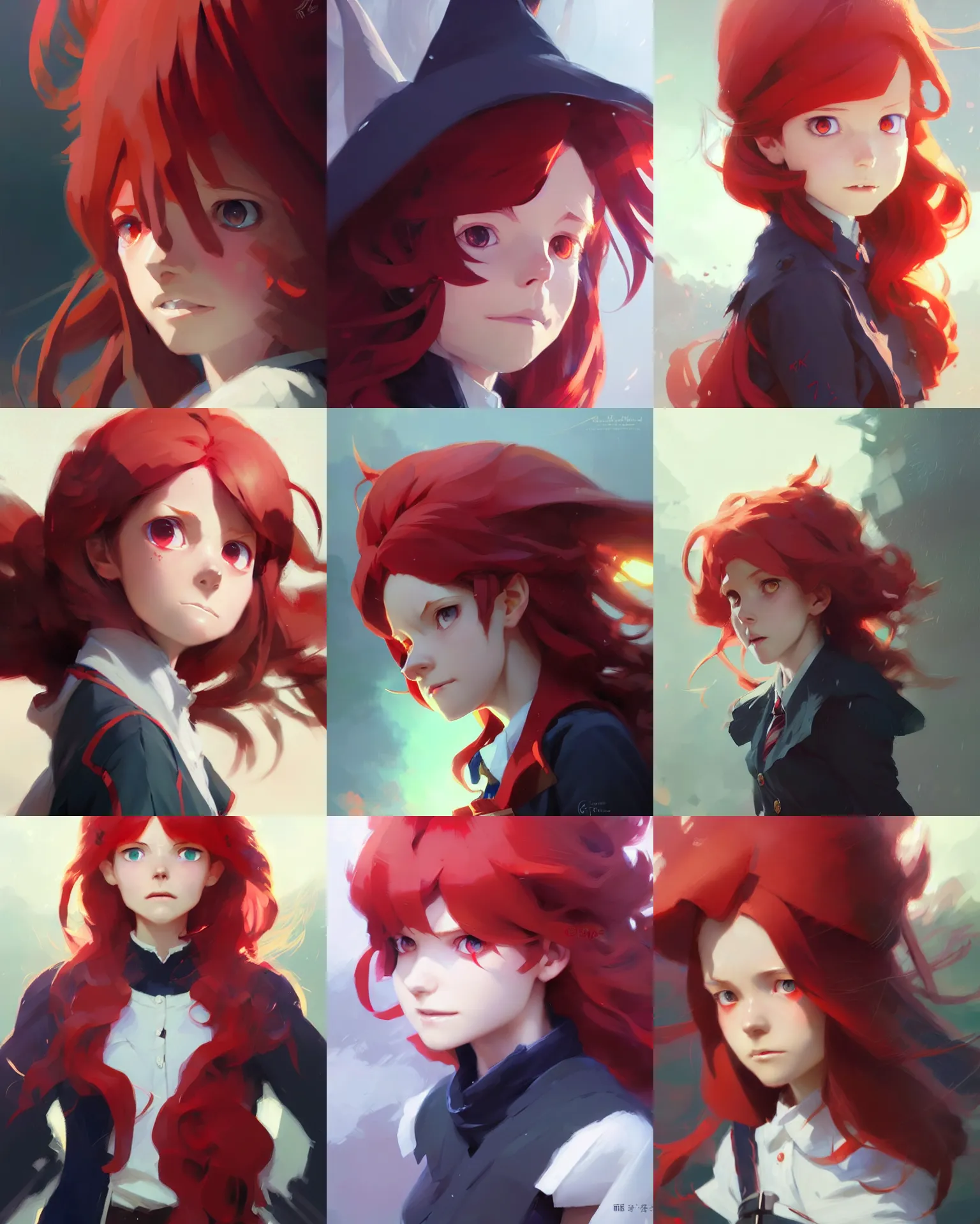 Prompt: little witch academia, closeup, red hair, intricate, uniform, sharp focus, illustration, highly detailed, digital painting, concept art, matte, art by ruan jia and wlop and greg rutkowski, masterpiece