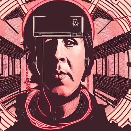 Image similar to Illustrated by Shepard Fairey and H.R. Geiger | Cyberpunk Nicolas Cage with VR helmet, surrounded by cables