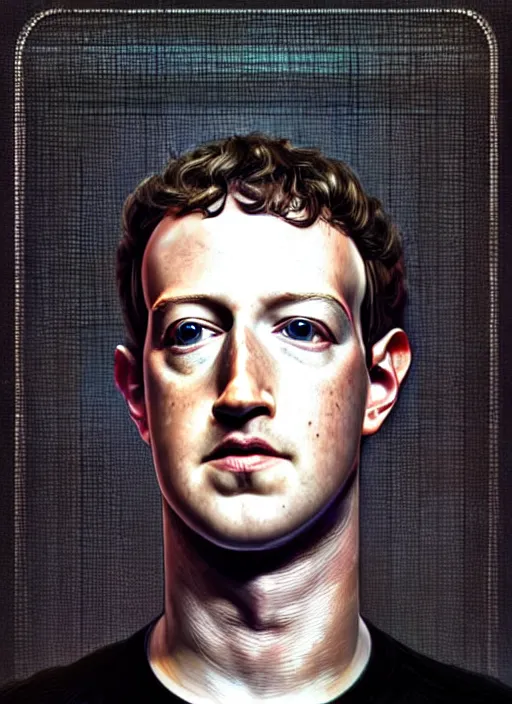 Prompt: mark zuckerberg as male android!!!, sci - fi, wires, dead eyes, portrait, intricate, elegant, highly detailed, digital painting, artstation, concept art, wallpaper, smooth, sharp focus, illustration, art by h. r. giger and artgerm and greg rutkowski and alphonse mucha