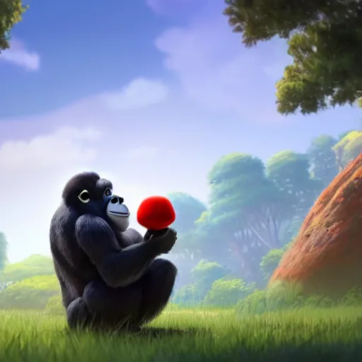 Image similar to a wholesome animation key shot of a gorilla holding a very small red mushroom, chilled out smirk on face, listening to music, jeep in background, studio ghibli, pixar and disney animation, sharp, rendered in unreal engine 5, anime key art by greg rutkowski, bloom, dramatic lighting