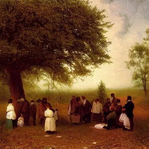 Image similar to Experimental art. a group of people gathered around a large tree in a forest. The tree is surrounded by a bright light, and the people appear to be looking up at it in wonder. pear, cream by Eastman Johnson forbidding, atmospheric