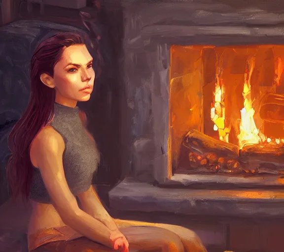 Prompt: beautiful girl in a crop top sitting next to a fireplace, cozy house, cottagecore, detailed face and body, expressive oil painting, by dan mumford, trending on artstation, octane render, close - up face, fish - eye lens