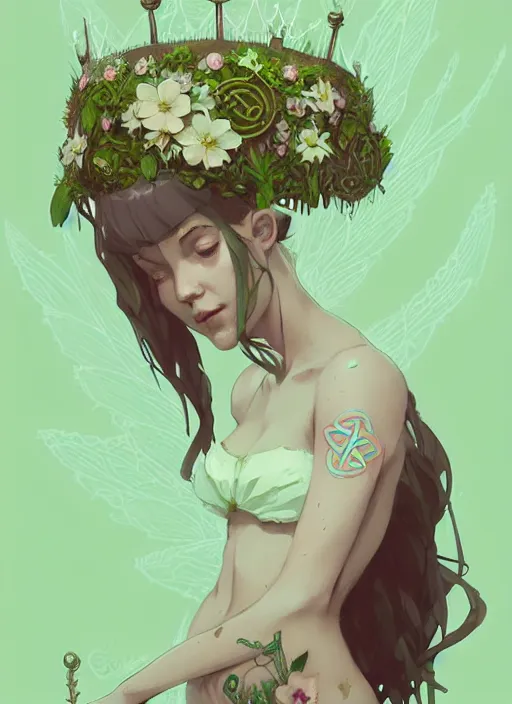 Prompt: cute fairy girl with crown of flowers in plants bikini covered with celtic rune tattoos, fantasy, by atey ghailan, by greg rutkowski, by greg tocchini, by james gilleard, by joe gb fenton, by in kaethe butcher, dynamic lighting, gradient light green, brown, blonde cream and white color in scheme, grunge aesthetic