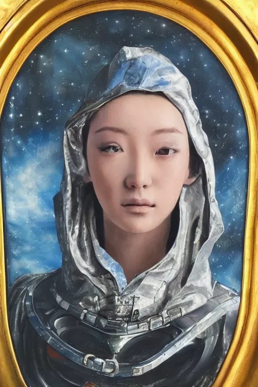 Image similar to hyperrealism oil painting, close-up portrait of medieval fashion model, knight, steel gradient mixed with nebula sky, in style of baroque mixed with 70s japan book art