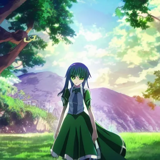 Image similar to anime key visual of a girl with a green outfit green hair and green eyes fascinated by a green paradise ; official media ; 4 k hd ; high quality ; in the rising of the shield hero ( 2 0 1 9 ),