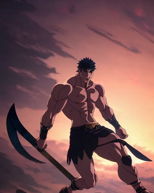 Prompt: strong muscular warrior with a greatsword, dramatic pose, square masculine facial features, short messy hair, intimidating appearance, 3 d octane render, unreal engine 5, ultra high detail, cel shaded, trending on pixiv fanbox, by greg rutkowski makoto shinkai takashi takeuchi studio ghibli, akihiko yoshida