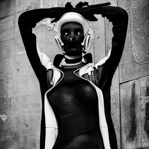 Image similar to fashion photography of an extraterrestrial model, wearing futuristic hip - hop streetwear fashion, inside berghain, berlin fashion, futuristic fashion, photo 3 5 mm leica, hyperdetail, 8 k, very detailed, black and white