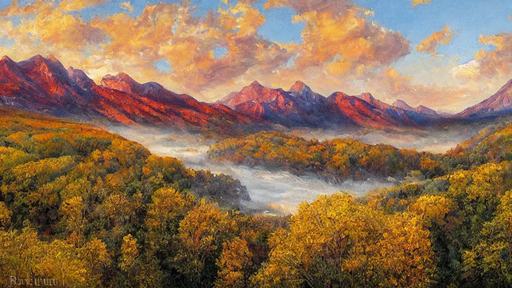 Image similar to The most beautiful panoramic landscape, oil painting, where the mountains are towering over the valley below their peaks shrouded in mist. The sun is just peeking over the horizon producing an awesome flare and the sky is ablaze with warm colors and stratus clouds. The river is winding its way through the valley and the trees are starting to turn yellow and red, by Greg Rutkowski, aerial view