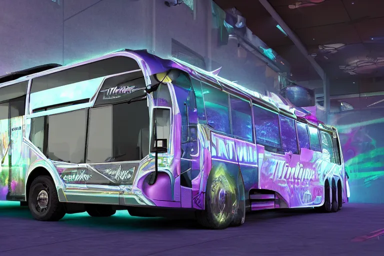 Prompt: photo of a futuristic nightliner bus outside in las vegas at night, custom airbrush paintjob, band name on the bus is tripmachine, realistic digital art, textured with a 3 d render of a huge futuristic steampunk generator, 8 k, fluorescent colors, halluzinogenic, multicolored, exaggerated detailed, unreal engine