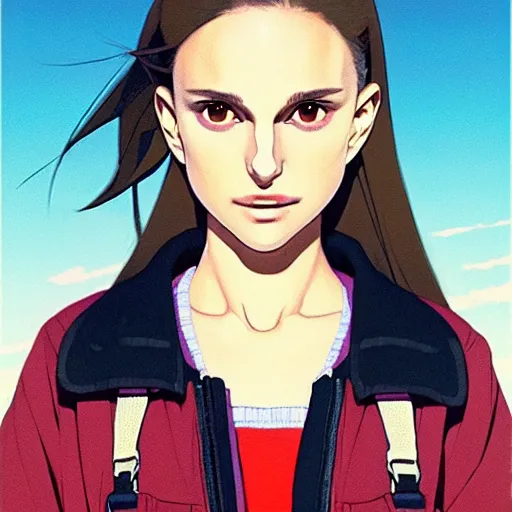 Image similar to a beautiful! boyish! natalie portman alluring gravure! model, wearing oversized mayan bomber jacket and leotard with overalls, bulky poofy bomber jacket with mayan patterns, gapmoe yandere grimdark, trending on pixiv fanbox, painted by greg rutkowski makoto shinkai takashi takeuchi studio ghibli, akihiko yoshida