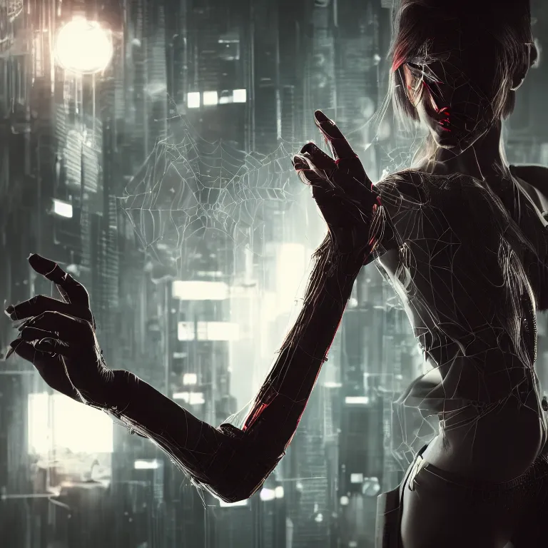 Prompt: abstract cyberpunk woman with spider legs, cinematic lighting, photorealistic image, 8k, ultra detailed, high resolution,