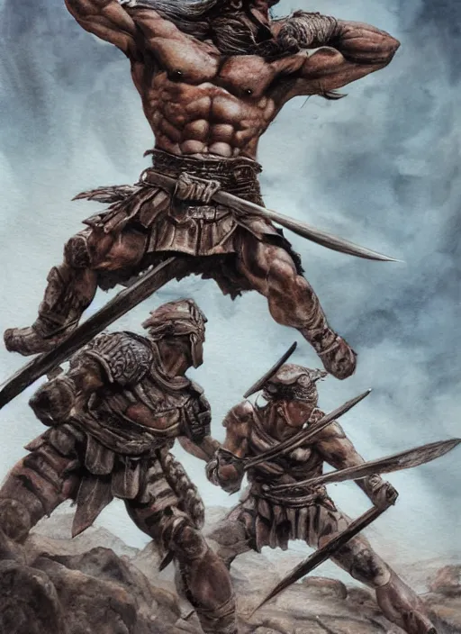 Image similar to portrait, Spartan Warriors fighting at the cliffs of thermopylae, watercolor, dramatic lighting, cinematic, establishing shot, extremely high detail, foto realistic, cinematic lighting, pen and ink, intricate line drawings, by Yoshitaka Amano, Ruan Jia, Kentaro Miura, Artgerm, post processed, concept art, artstation, matte painting, style by eddie mendoza, raphael lacoste, alex ross