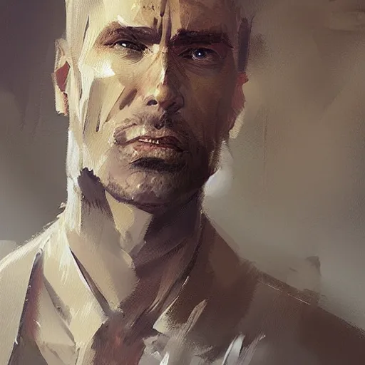 Prompt: A detailed oil painting of a priest in his thirties, sharp and angular face, dirty blonde hair reaching the shoulders, by Greg Rutkowski, trending on artstation