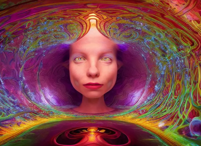 Prompt: vfx surreal 3 d portrait of alice from wonderland walking into a non - euclidean and infinite tunnel of evanescent hallucinatory images in endless mirrors that temporarily cling to a virtual node of experience called the self in an illusion called spacetime, hyperdetailed, octane render, by alex grey, jeff soto and daniel merriam, dan mumford and pixar, nvidia raytracing demo