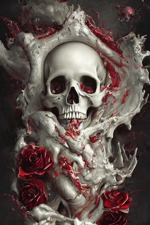 Prompt: breathtaking detailed soft painting of an intricate skull with white water splash, whip cream and milk splashing everywhere, bones and ruby stained glass in the background, rembrandt style, elegant, highly detailed, artstation, concept art, matte, sharp focus, art by casimir art, tom bagshaw, kelogsloops and greg rutkowski