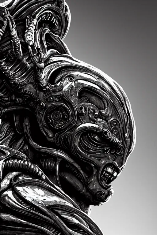 Image similar to engineer prometheus, xenomorph alien, highly detailed, symmetrical long head, smooth marble surfaces, detailed ink illustration, raiden metal gear, cinematic smooth stone, deep aesthetic, concept art, post process, 4k, carved marble texture and silk cloth, latex skin, highly ornate intricate details, prometheus, evil, moody lighting, hr geiger, hayao miyazaki, indsutrial Steampunk