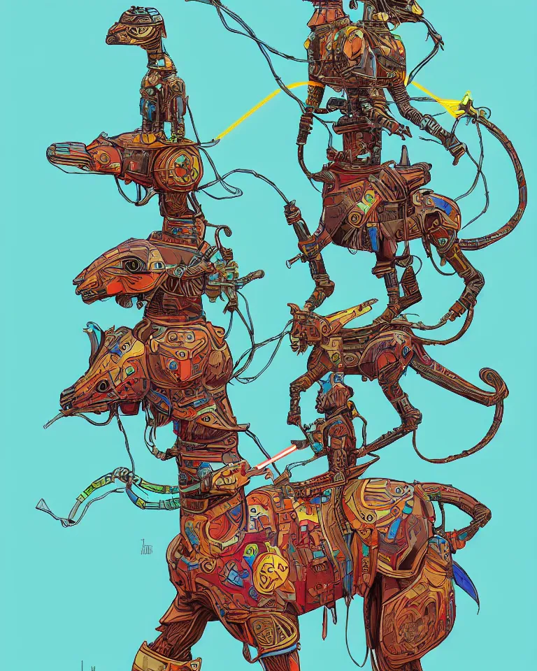 Prompt: full body of scifi warrior riding a long neck lama creature with decorations and tattoos, star wars vibe, art by moebius, clean line, colorful comics style, artstation