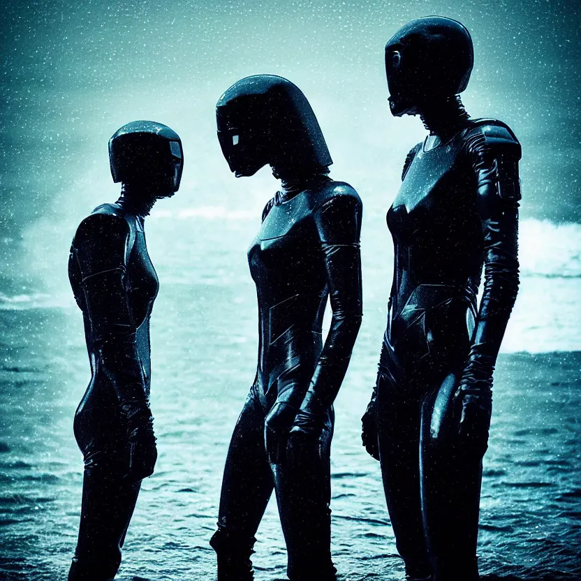 Prompt: cinestill 5 0 d candid photographic portrait by christopher nolan of two loving female androids wearing rugged black mesh techwear in treacherous waters, clear sky with planets, helicopter, medium closeup, modern cyberpunk moody emotional cinematic, pouring iridescent rain bright spotlight, 8 k, hd, high resolution, 3 5 mm, f / 3 2, ultra realistic faces, ex machina