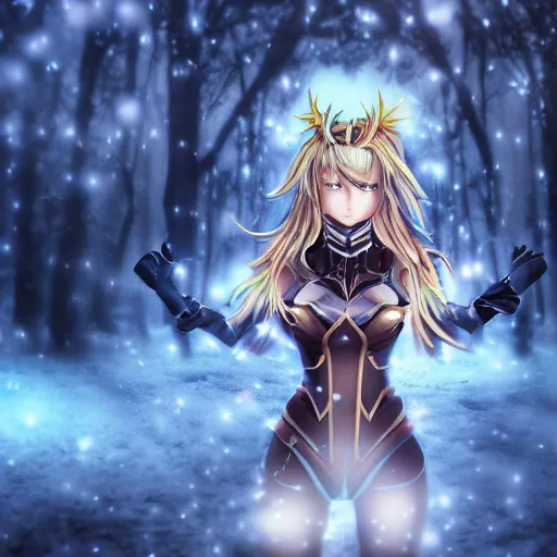 Image similar to focus face portrait of beautiful darkness knight 3D anime girl, posing, golden armor wearing, dark forest background, snowing, bokeh, inspired by Masami Kurumada, digital painting, high contrast, unreal engine render, volumetric lighting, high détail