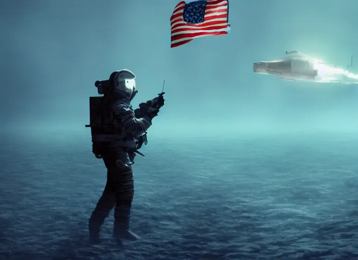 Image similar to astronaut holding a flag in an underwater desert. a submarine is visible in the distance. dark, concept art, cinematic, dramatic, atmospheric, 8 k, trending on artstation, blue, fish, low visibility, fog, ocean floor, christopher nolan, interstellar