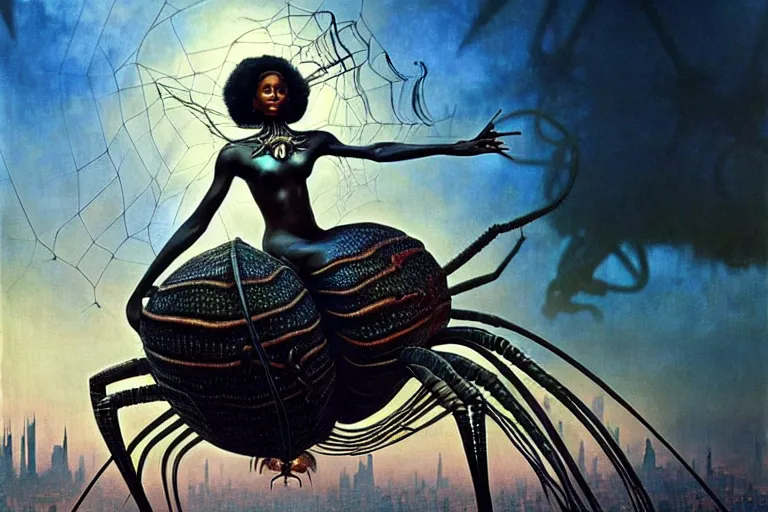 Image similar to realistic detailed photorealistic portrait movie shot of a beautiful black woman riding a giant spider, dystopian city landscape background by denis villeneuve, amano, yves tanguy, alphonse mucha, ernst haeckel, jean delville, david lynch, edward robert hughes, roger dean, cyber necklace, rich moody colours, cyber patterns, wide angle