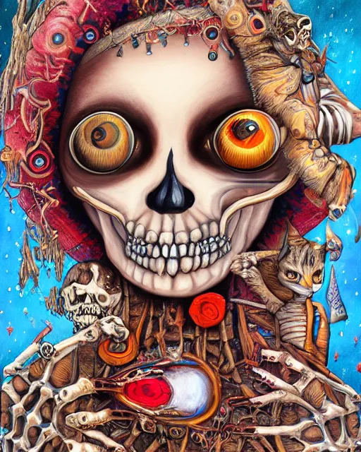 Image similar to a surrealistic head and shoulder painting of a gorgeous female skeleton with cat eyeballs and lipstick and hoodie, in the style of patrick woodroffe, digital art, detailed masterpiece