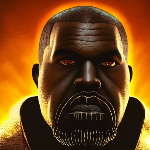 Prompt: Portrait of Kanye West as Thanos, glowing eyes, splash art, movie still, cinematic lighting, dramatic, octane render, long lens, shallow depth of field, bokeh, anamorphic lens flare, 8k, hyper detailed, 35mm film grain