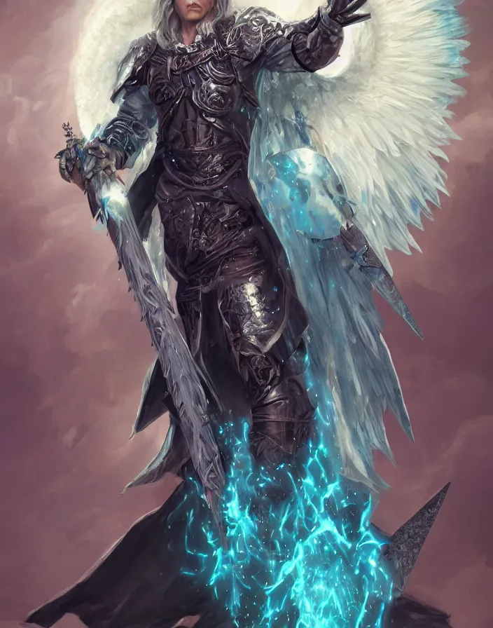 Prompt: An epic fantastic realism comic book style portrait painting of a male hexblade warlock aasimar, massive angel wings, holding a spear made of teal energy, silver hair, middle aged, D&D Concept Art, unreal 5, DAZ, hyperrealistic, octane render, cosplay, RPG portrait, dynamic lighting