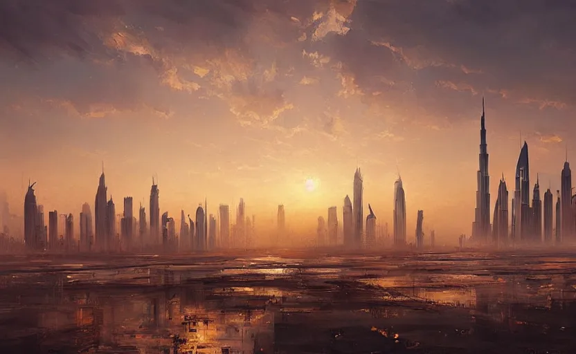 Image similar to painting of skyline of dubai at sunset, natural light, concept art, by greg rutkowski, cozy atmospheric and cinematic lighting