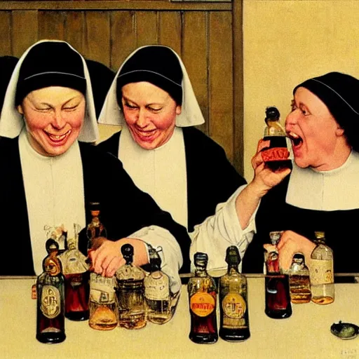 Image similar to a group of nuns enjoying themselves at an adult bar, low light, whiskey bottles, by Norman Rockwell