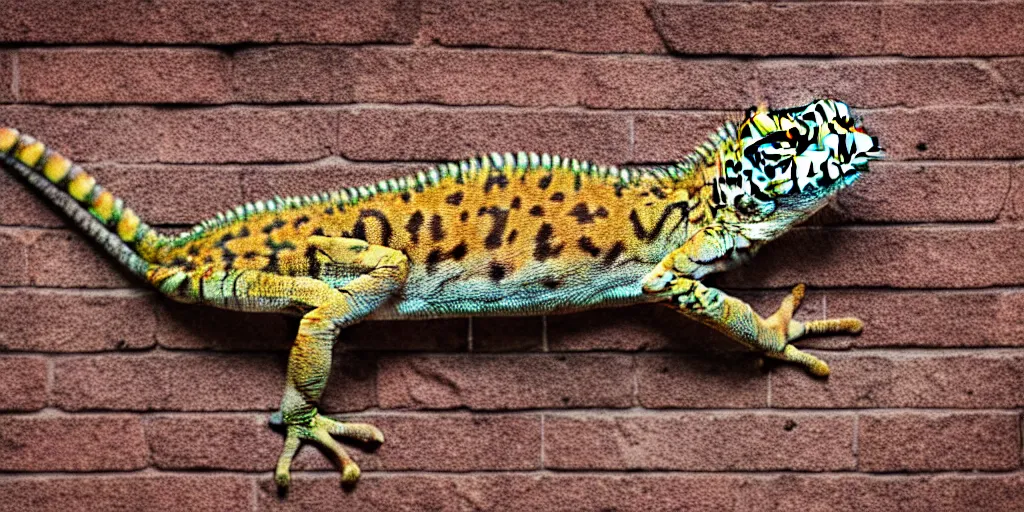 Image similar to a chameleon with leopard fur sitting on a brick wall, highly detailed, 8K, supersharp photo, depth of focus, full body, unusual photo angle