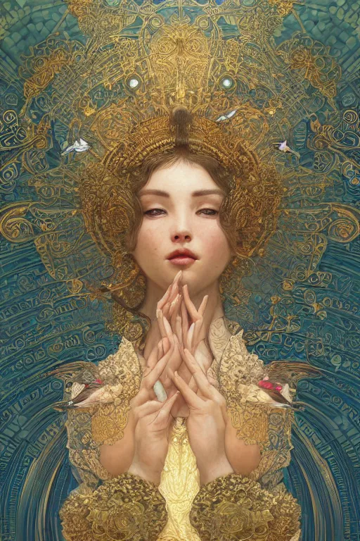 Prompt: a beautiful intricate beatutifull godess with birds, ultra - wide angle, baroque, elagant, highly detailed, photorealistic, octane render, 8 k, unreal engine, by william turner, by victo ngai, by alphonse mucha, by miho hirano, by moebius, hd, trending on artstation, hyper detailed, muted intense colors