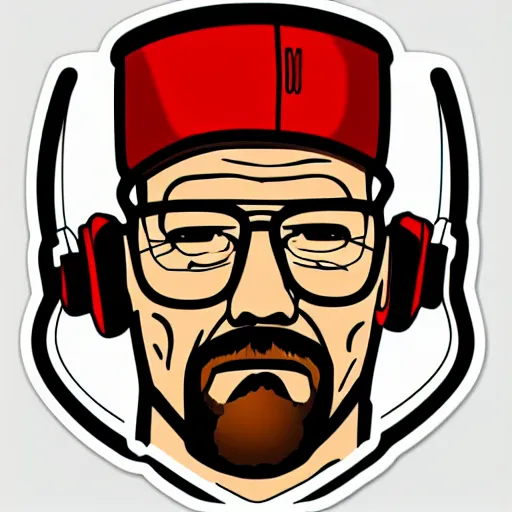 Image similar to a breaking-bad-walter-white, svg sticker, vector art, wearing headphones, jamming to music