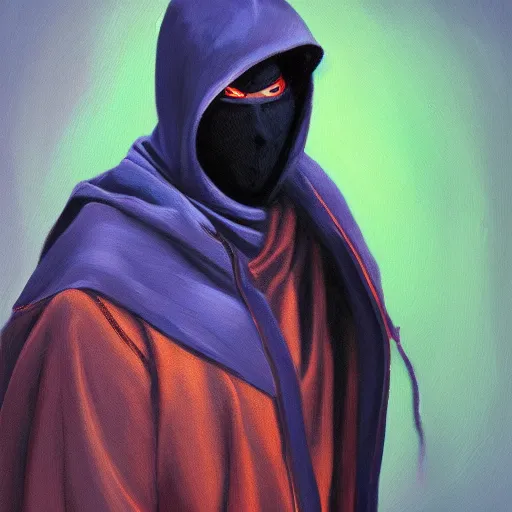 Image similar to hooded ninja, oil painting, portrait, intricate complexity, rule of thirds, character concept, dramatic lighting, complementary colors