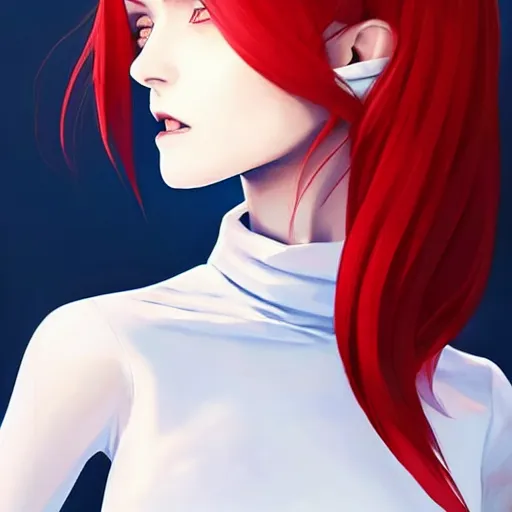 Prompt: beautiful pale vampire with red hair in a white turtleneck dress, arguing with a small blue godzilla on a super yacht, by guweiz and wlop and ilya kuvshinov and artgerm, symmetrical eyes, aesthetic, gorgeous, stunning, alluring, attractive, artstation, deviantart, pinterest, digital art